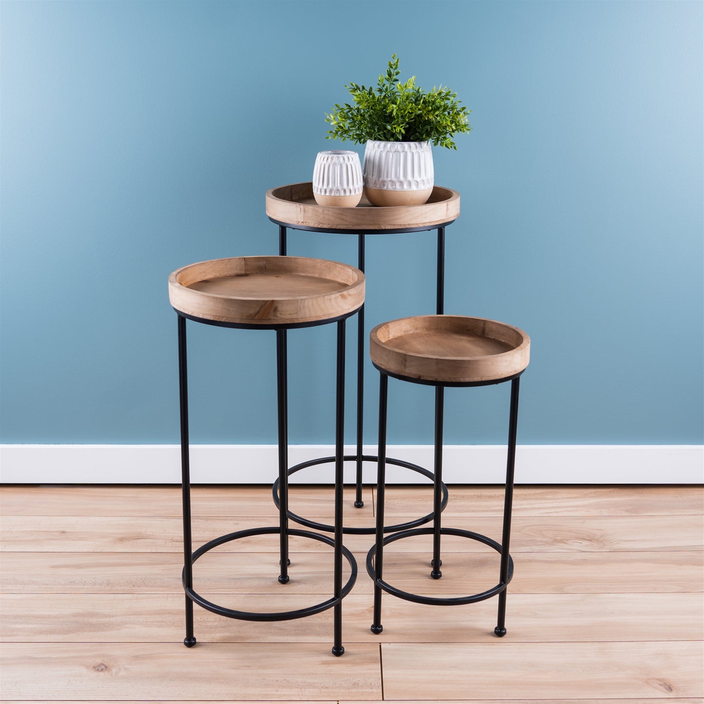 Iron/Wood Accent Table (Set of 3) 10.5"D x 20.75"H, 12.25"D x 25.25"H, 14.25"D x 28.75"H