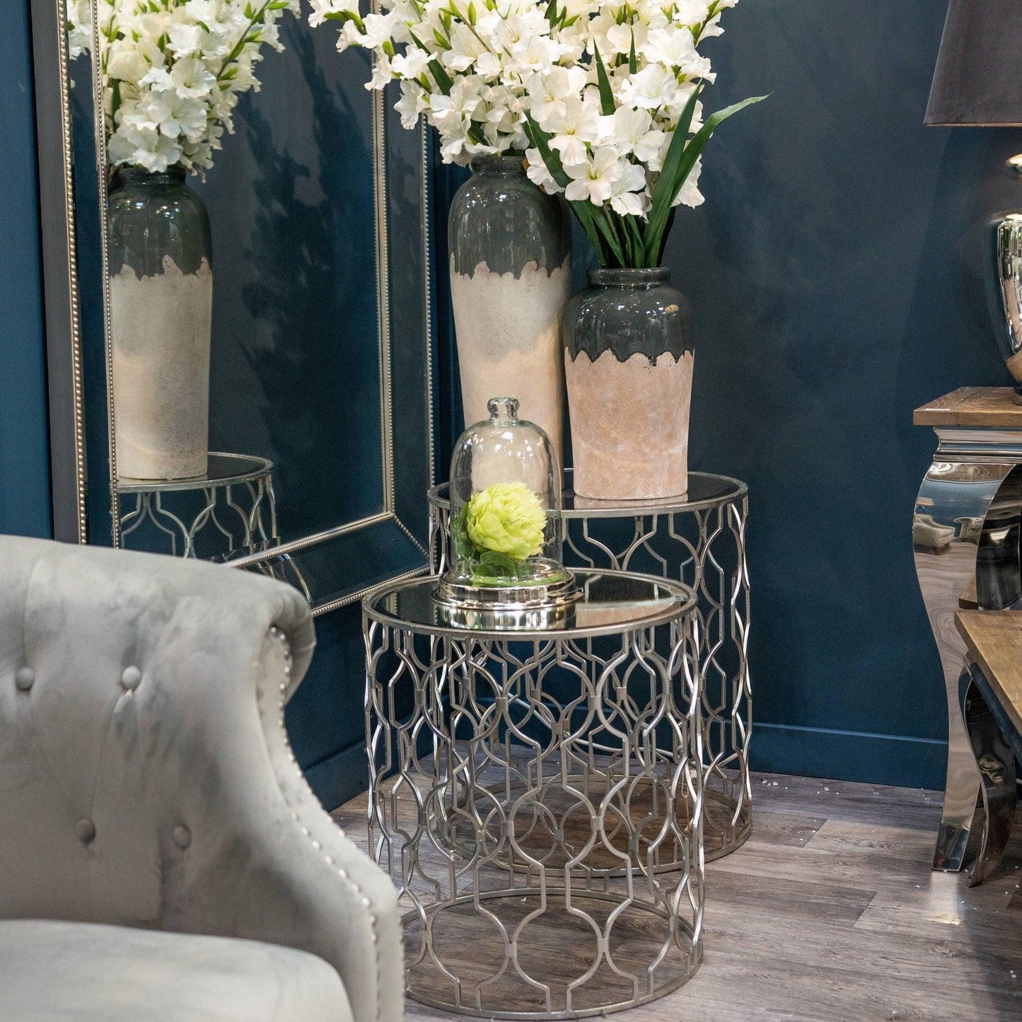 Set of Two Arabesque Silver Foil Mirrored Side Tables - Eudemonia Home Goods