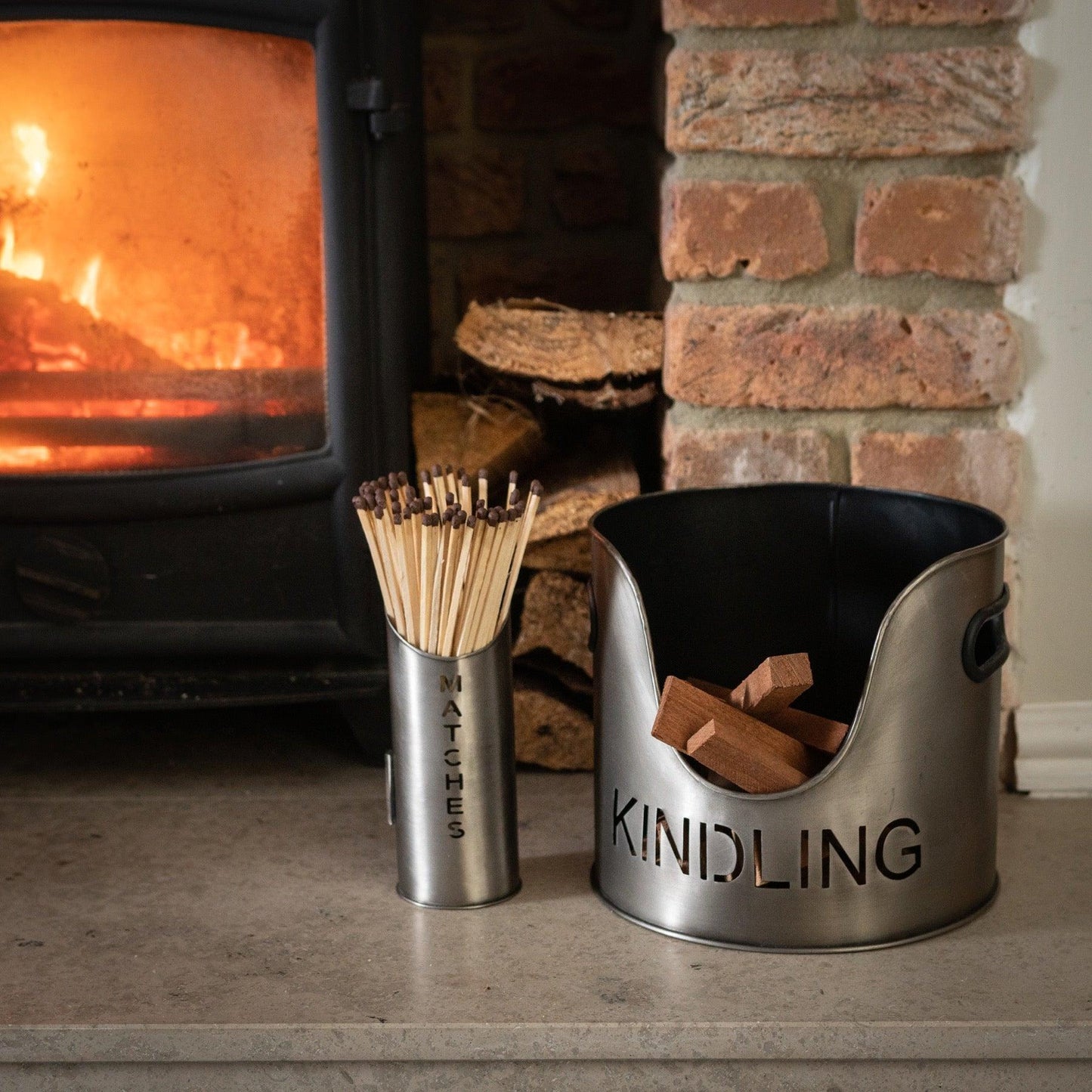 Pewter Finish Logs And Kindling Buckets & Matchstick Holder - Eudemonia Home Goods