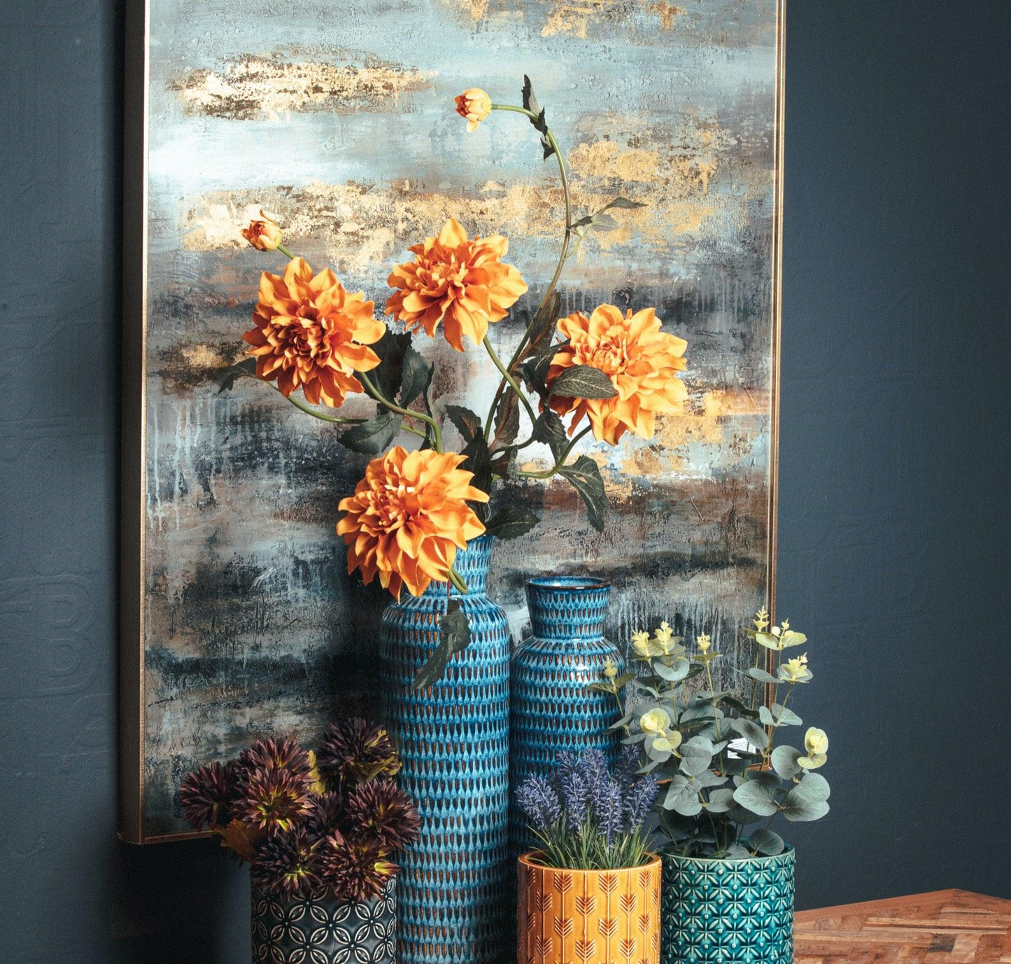 Large AbstrACTIVE Grey And Gold Glass Image With Gold Frame - Eudemonia Home Goods