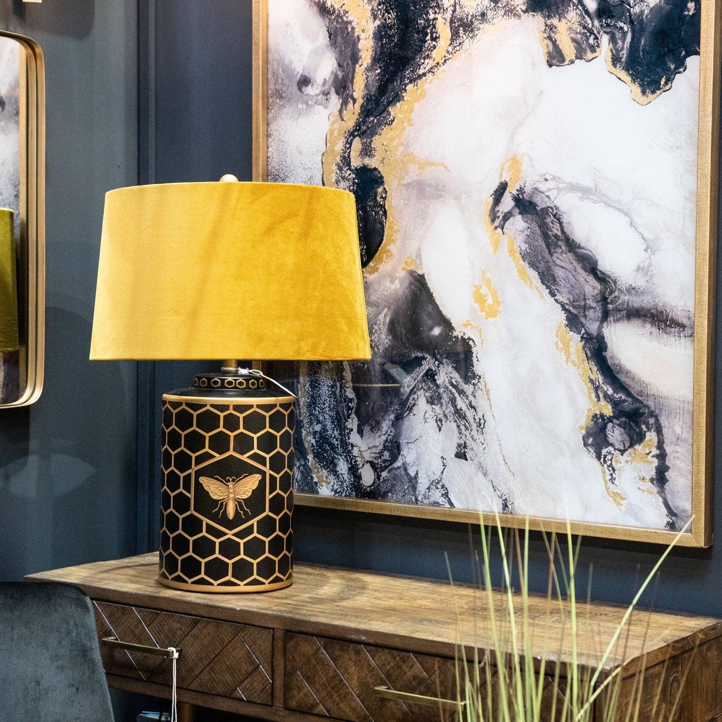 Harlow Bee Table Lamp With Mustard Shade - Eudemonia Home Goods
