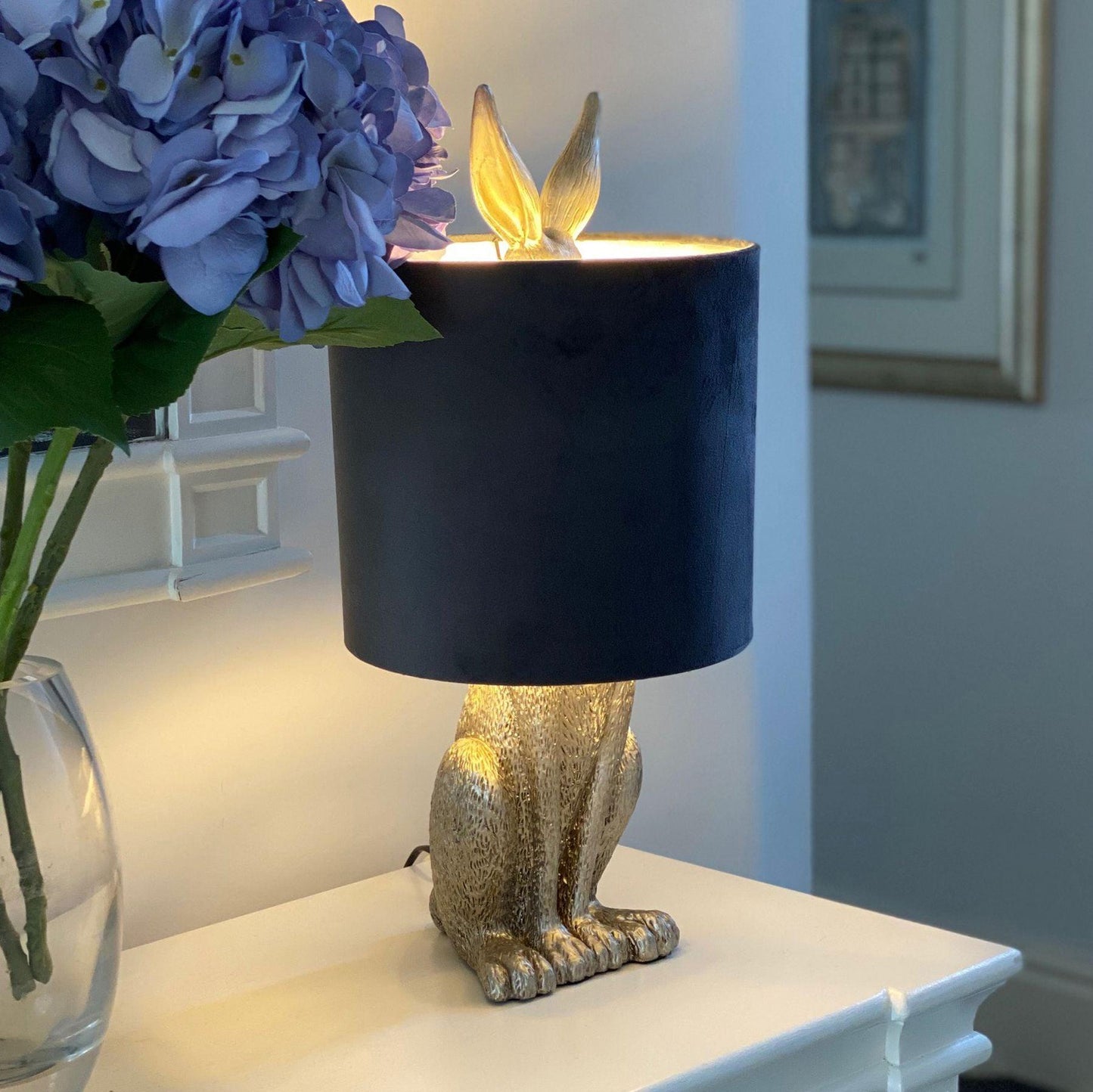 Silver Hare Table Lamp With Grey Velvet Shade - Eudemonia Home Goods