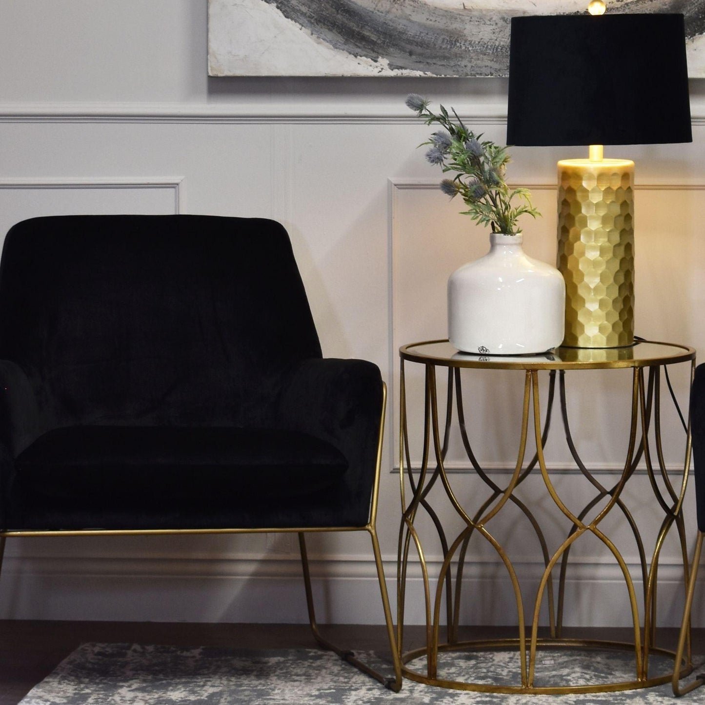 Jem Honey Comb Gold Table Lamp With Black Velvet Shade - Eudemonia Home Goods