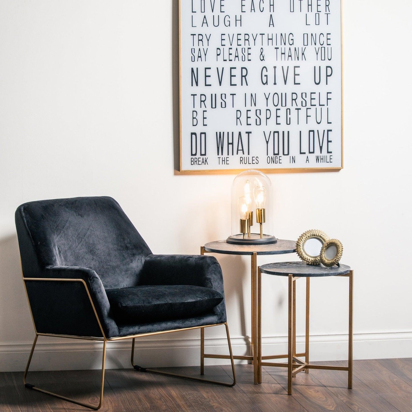 Set Of 2 Gold And Black Marble Tables - Eudemonia Home Goods