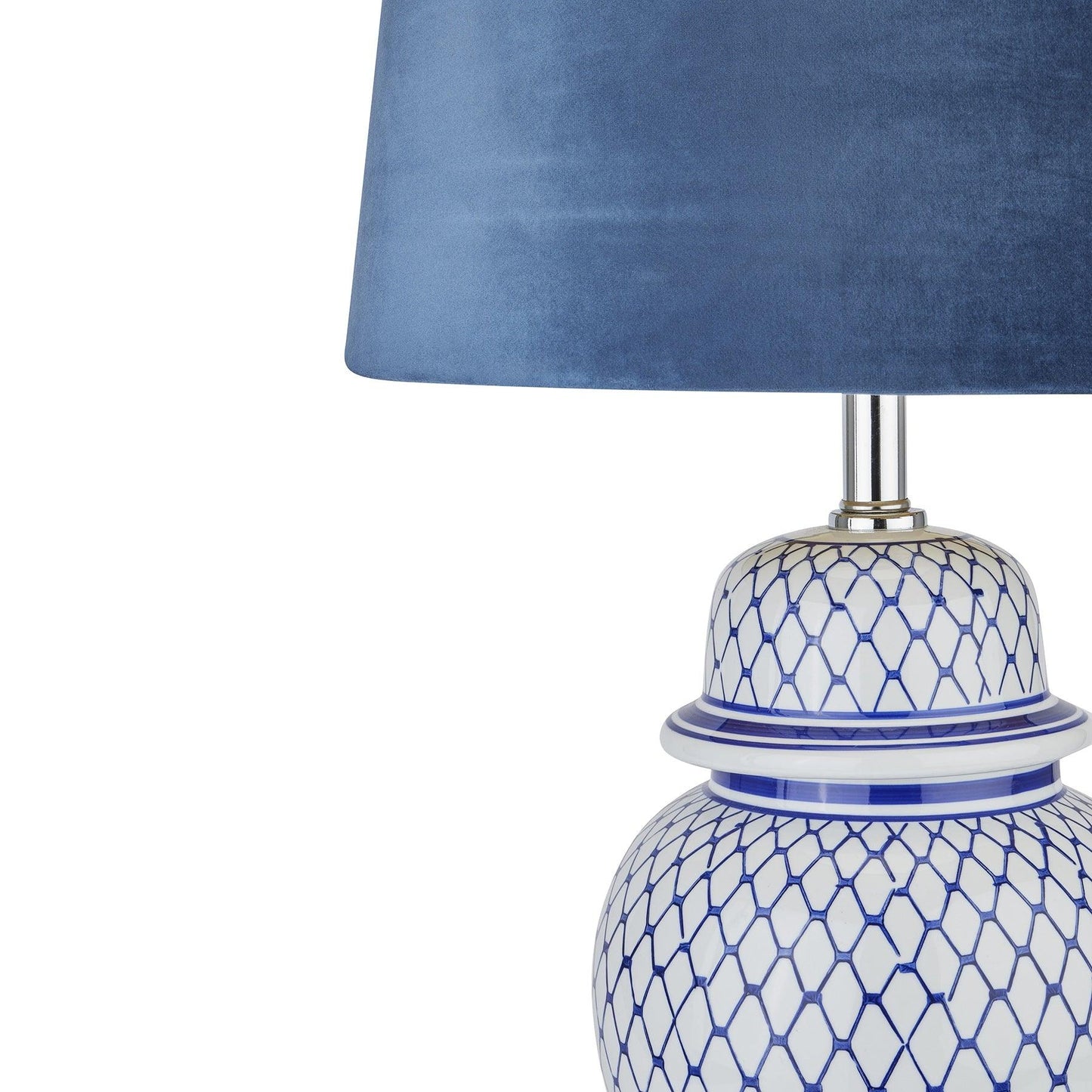 Malabar Blue And White Ceramic Lamp With Blue Velvet Shade - Eudemonia Home Goods