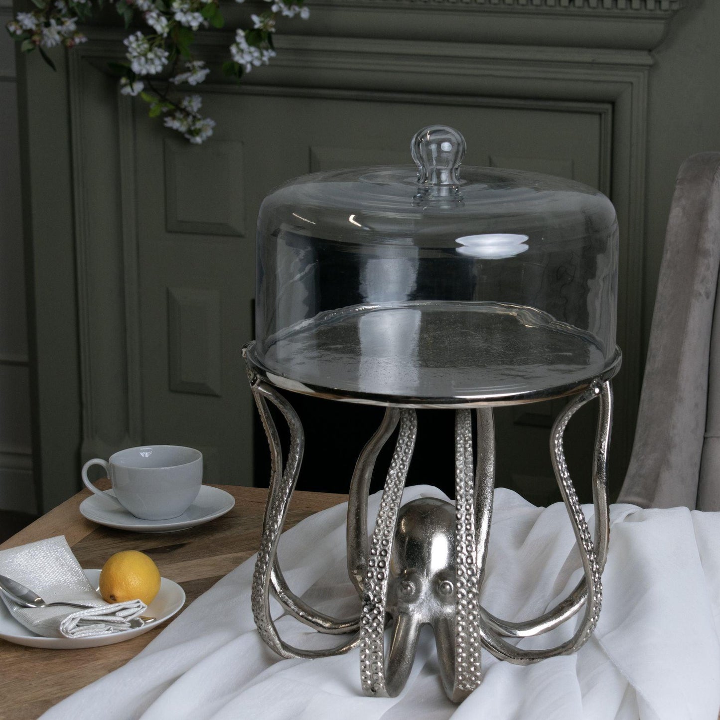 Large Silver Octopus Cake Stand Cloche - Eudemonia Home Goods