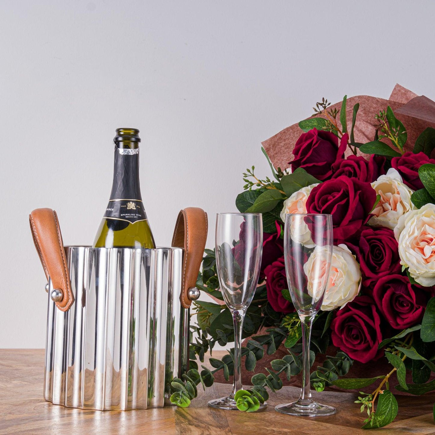 Silver Fluted Leather Handled Single Champagne Cooler - Eudemonia Home Goods