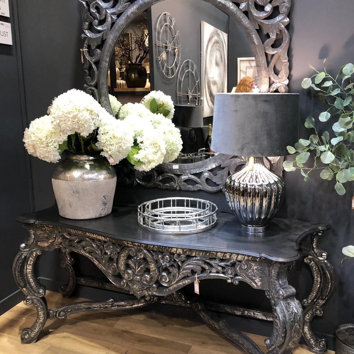 Large Silver Moonshine Table Lamp With Mid Grey Lampshade - Eudemonia Home Goods