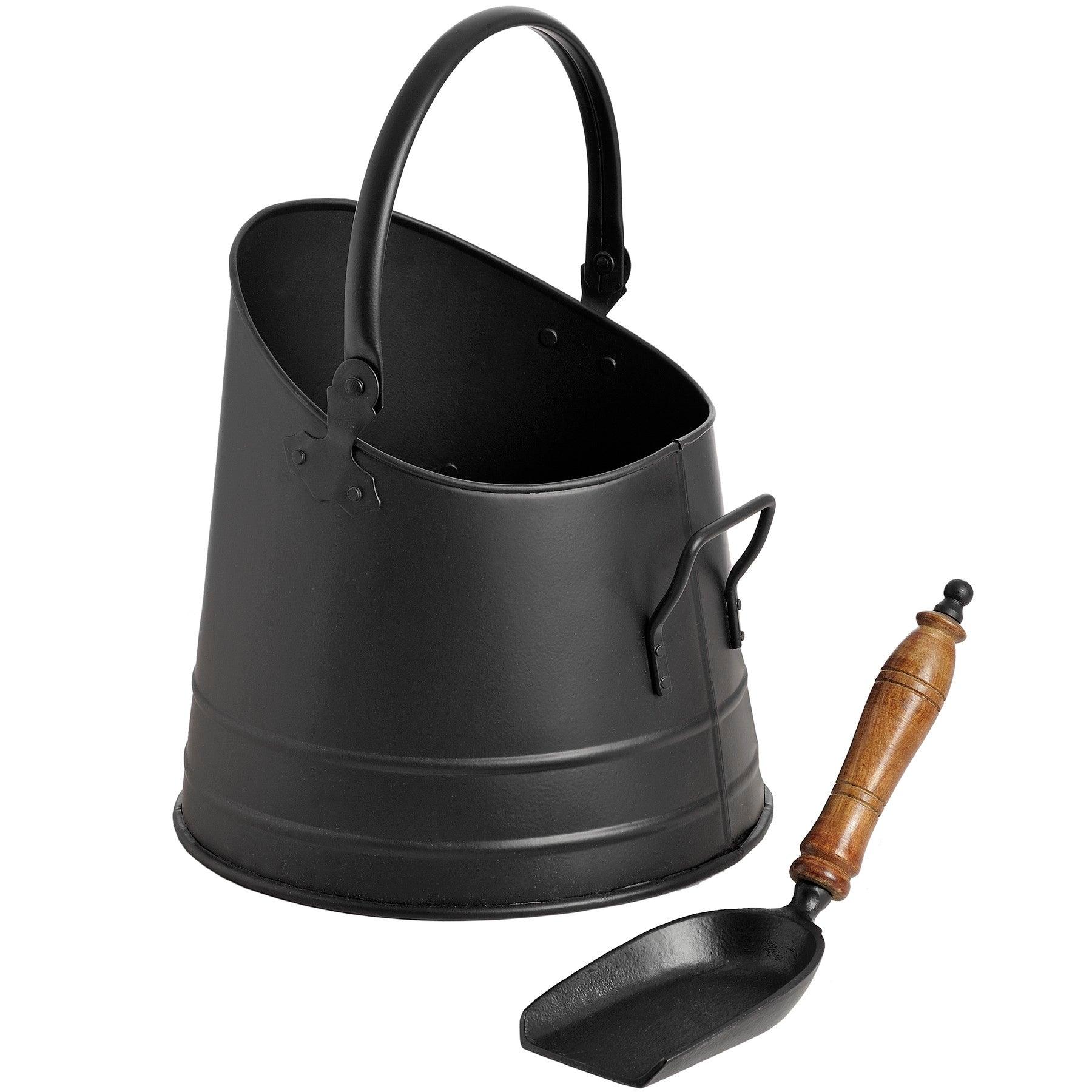 Black Coal Bucket with Teak Handle Shovel - Eudemonia Home Goods