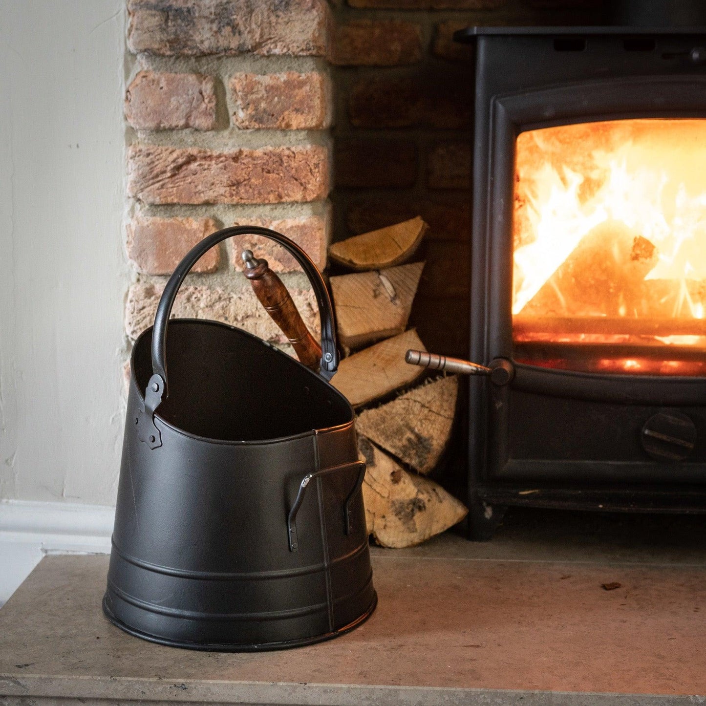 Black Coal Bucket with Teak Handle Shovel - Eudemonia Home Goods