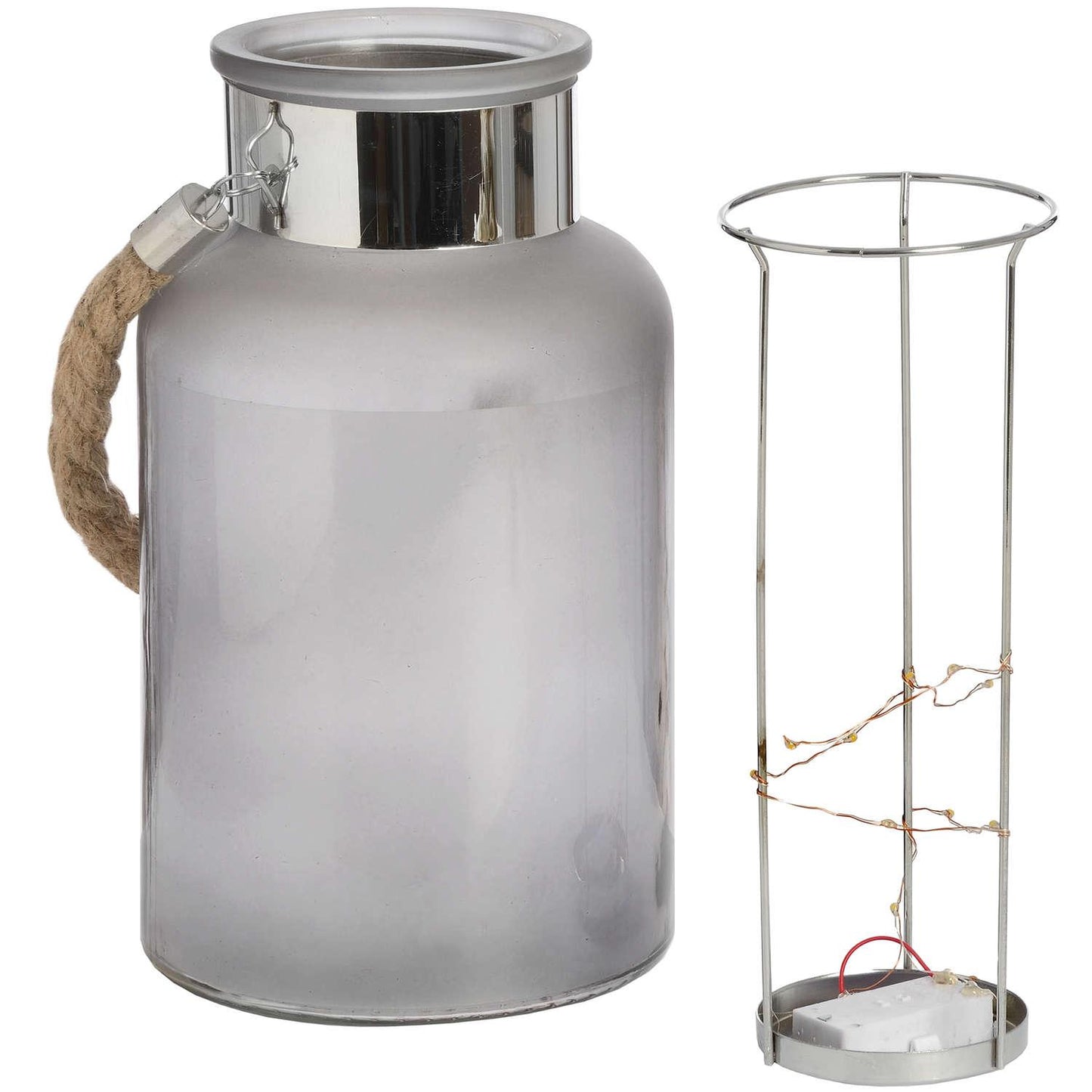 Frosted Glass Lantern with Rope Detail and Interior LED - Eudemonia Home Goods