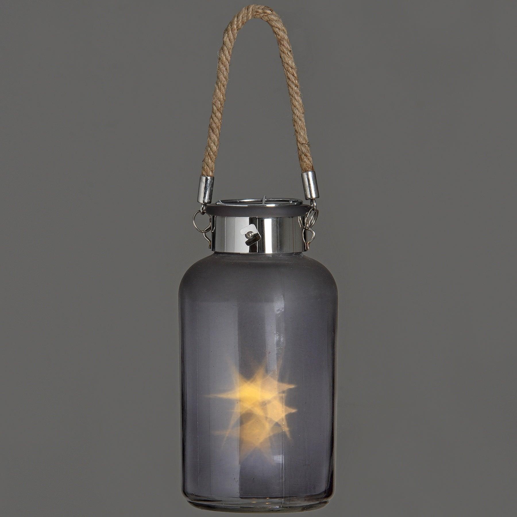 Frosted Grey Glass Lantern with Rope Detail and LED - Eudemonia Home Goods