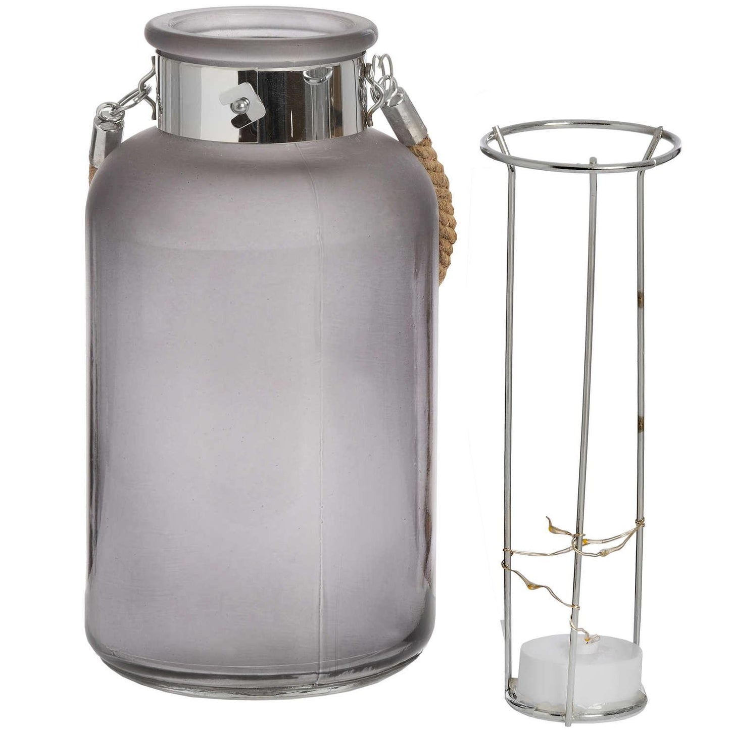 Frosted Grey Glass Lantern with Rope Detail and LED - Eudemonia Home Goods