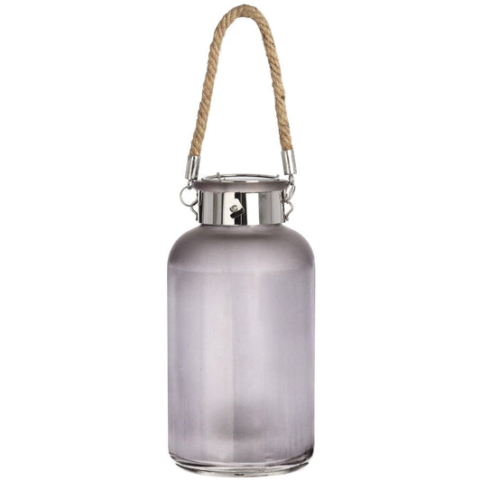 Frosted Grey Glass Lantern with Rope Detail and LED - Eudemonia Home Goods