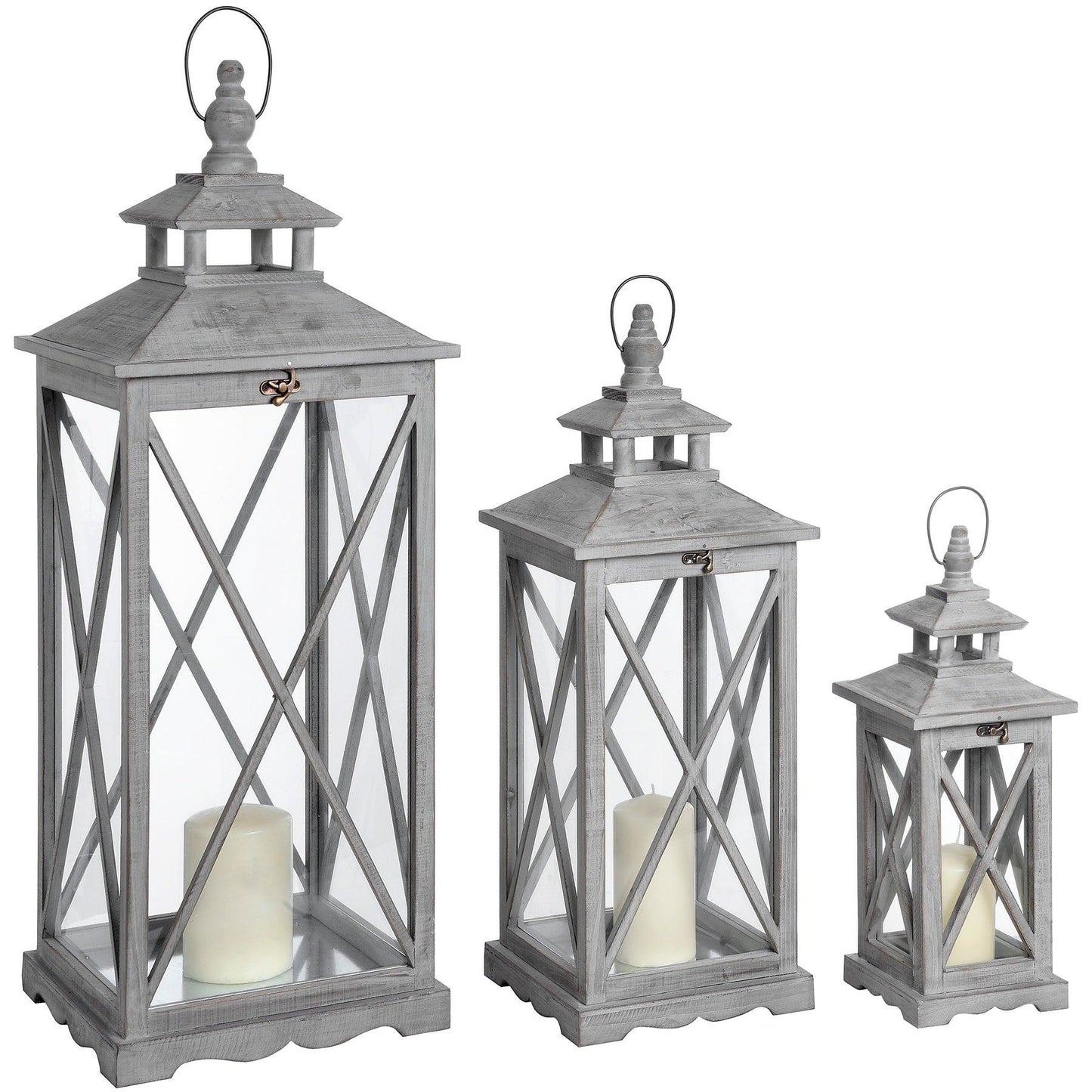 Set Of Three Wooden Lanterns With Traditional Cross Section - Eudemonia Home Goods