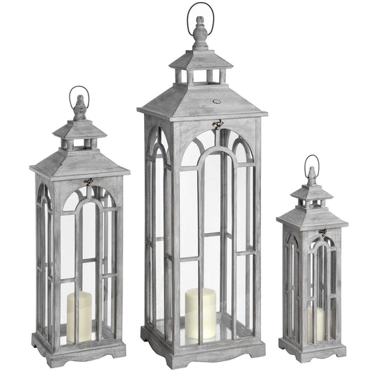 Set Of Three Wooden Lanterns With Archway Design - Eudemonia Home Goods