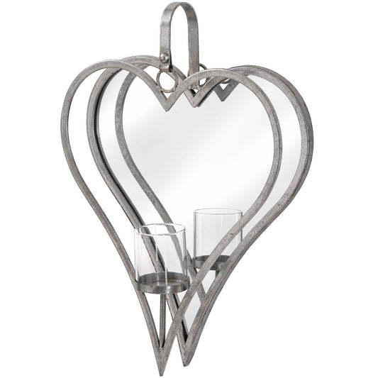 Large Antique Silver Mirrored Heart Candle Holder - Eudemonia Home Goods