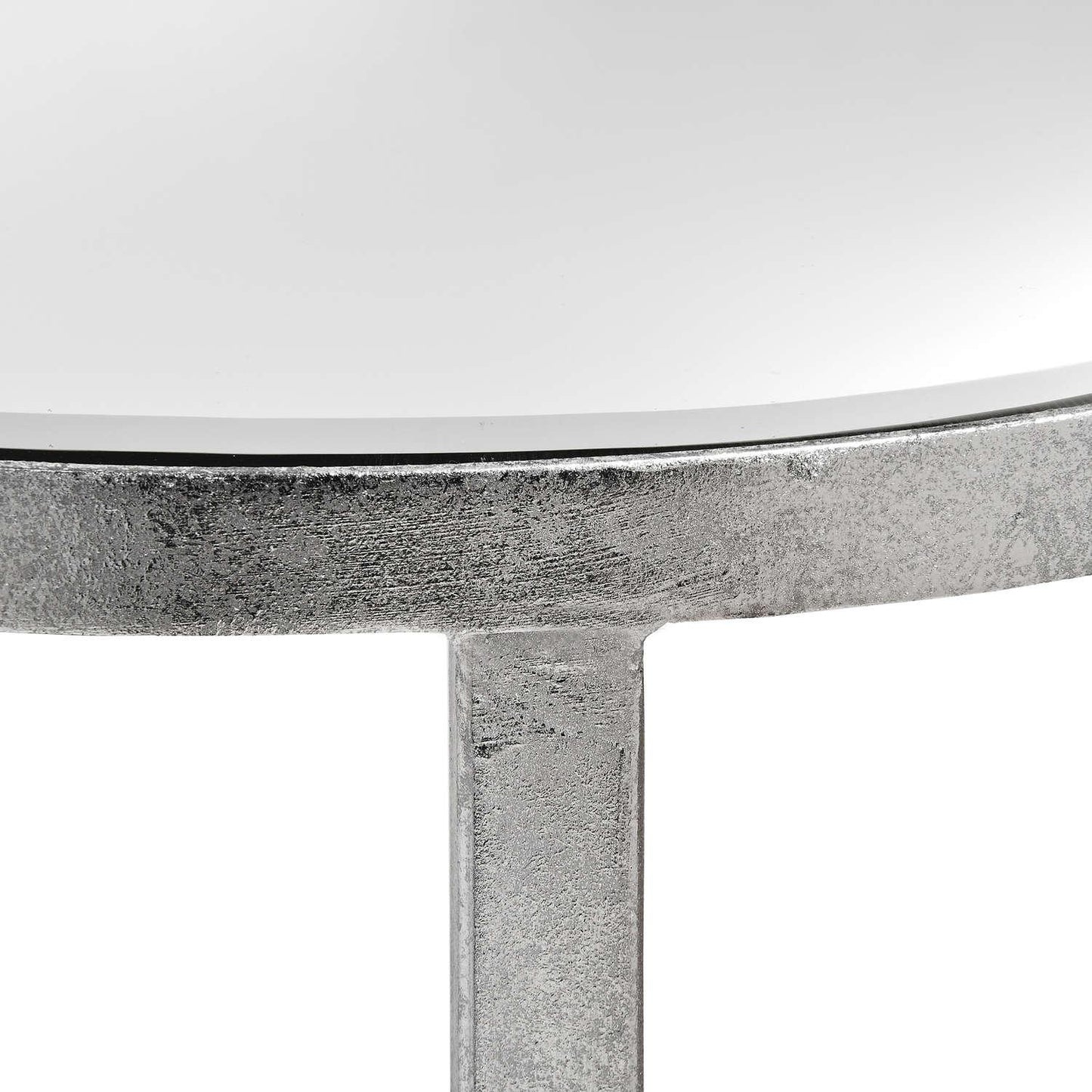 Mirrored Silver Half Moon Table With Cross Detail - Eudemonia Home Goods