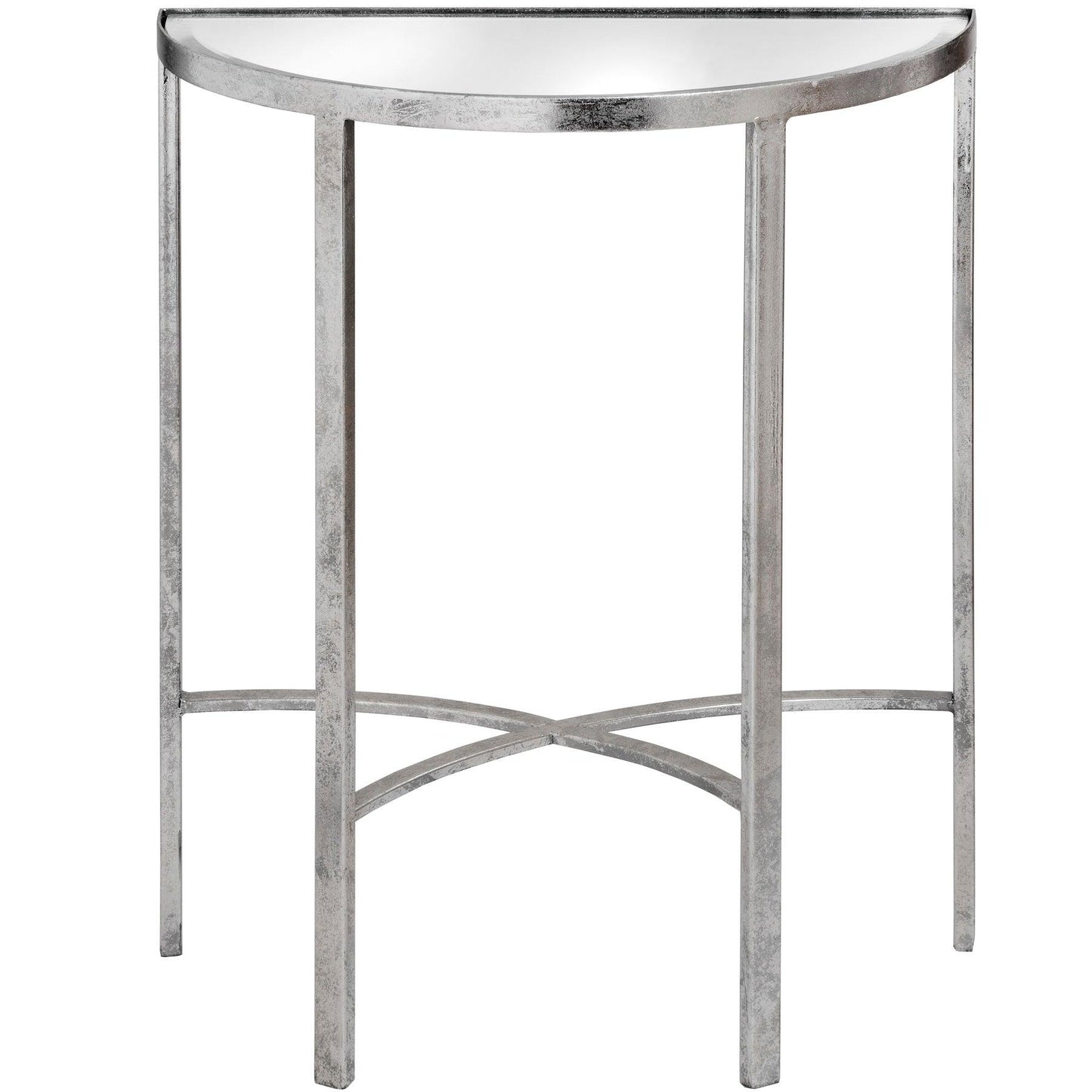 Mirrored Silver Half Moon Table With Cross Detail - Eudemonia Home Goods
