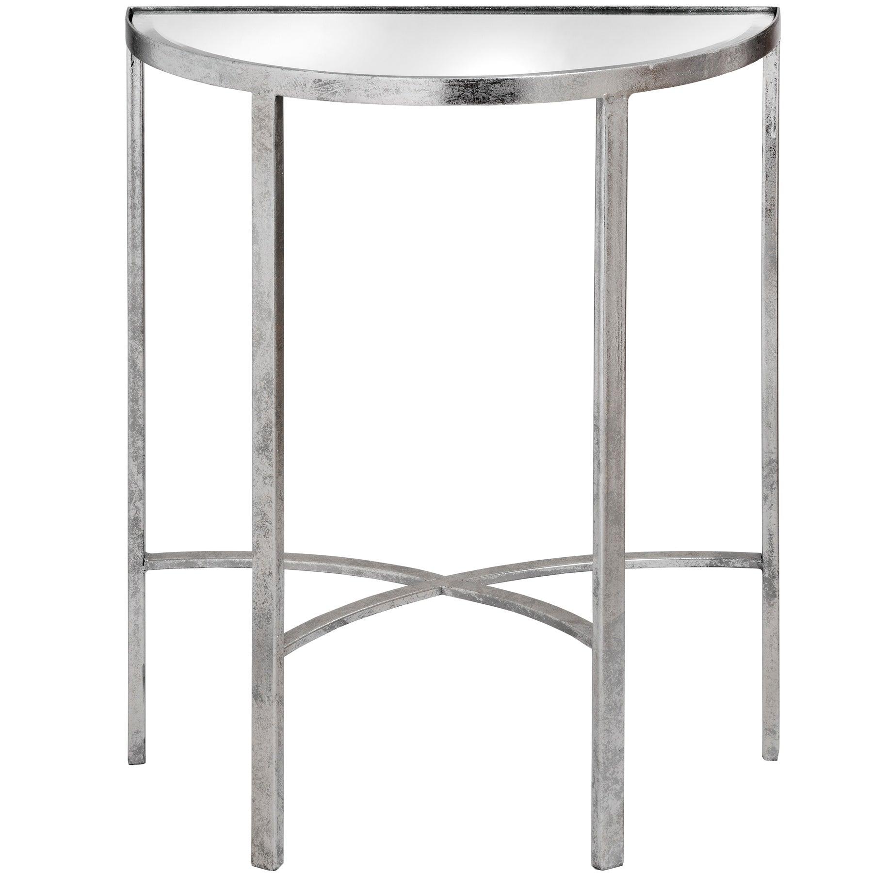 Mirrored Silver Half Moon Table With Cross Detail - Eudemonia Home Goods