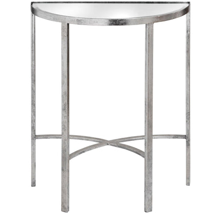 Mirrored Silver Half Moon Table With Cross Detail - Eudemonia Home Goods