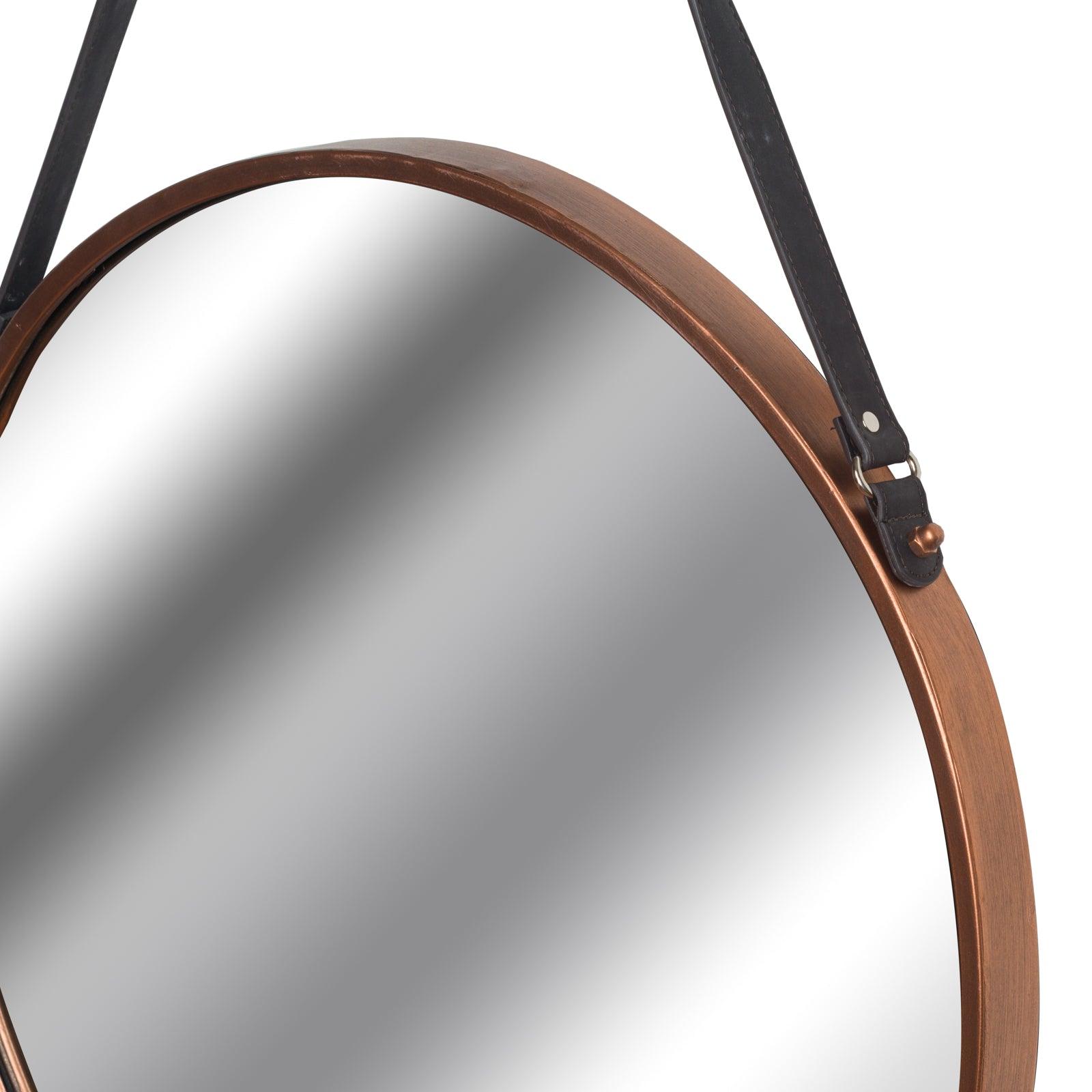 Copper Rimmed Round Hanging Wall Mirror With Black Strap - Eudemonia Home Goods