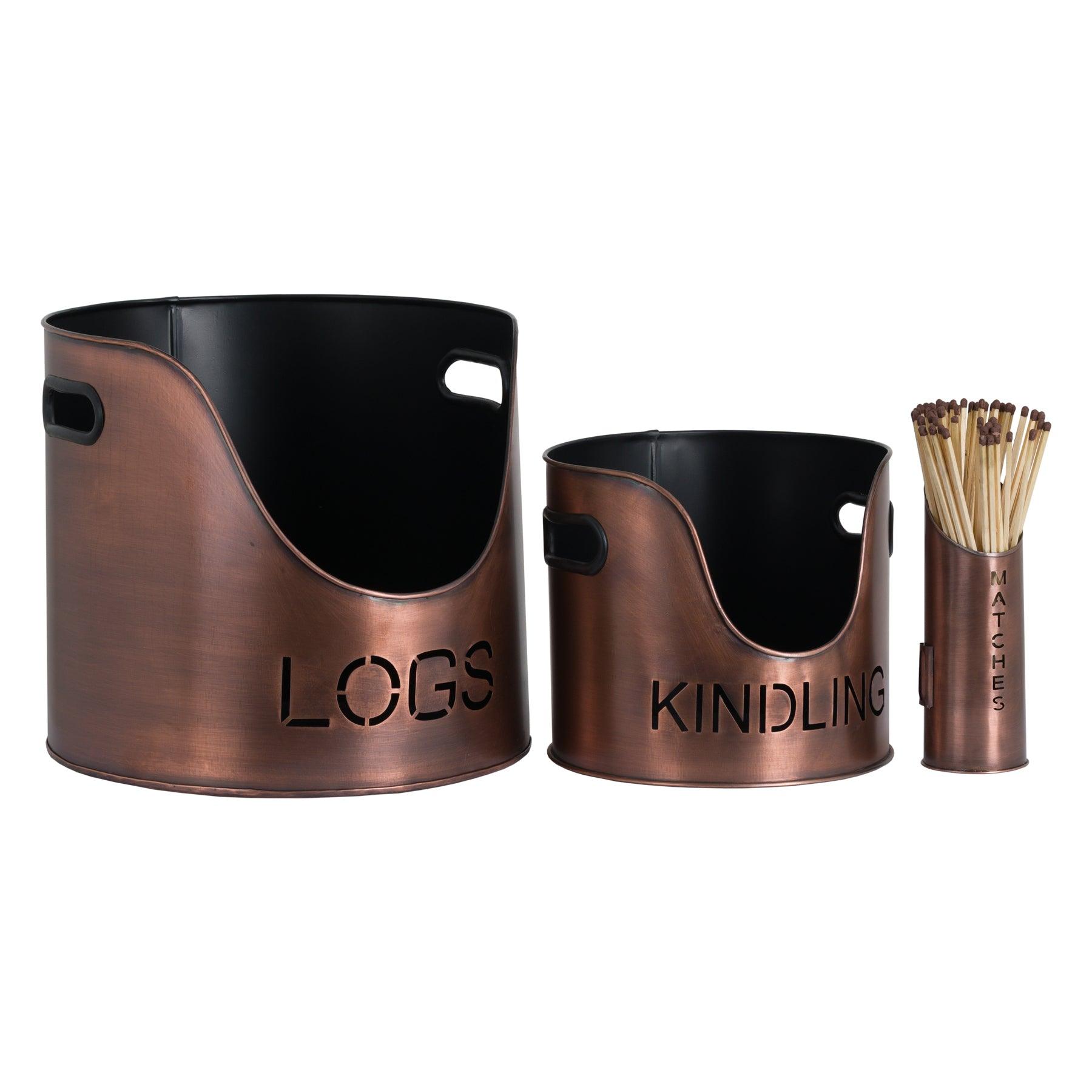 Copper Finish Logs And Kindling Buckets & Matchstick Holder - Eudemonia Home Goods