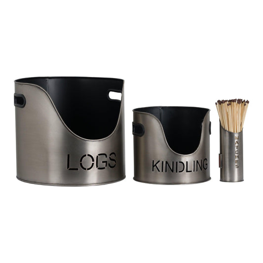 Pewter Finish Logs And Kindling Buckets & Matchstick Holder - Eudemonia Home Goods