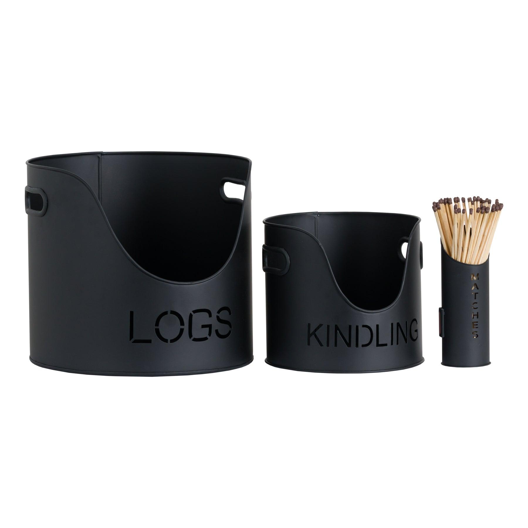 Black Finish Logs And Kindling Buckets & Matchstick Holder - Eudemonia Home Goods