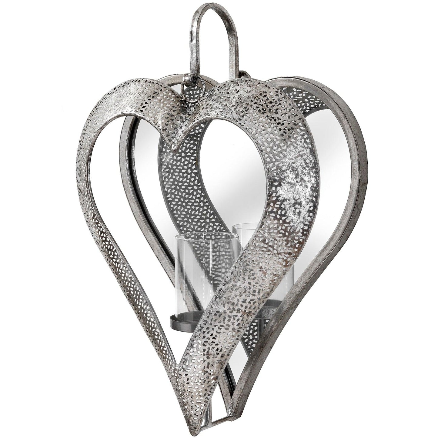 Antique Silver Heart Mirrored Tealight Holder in Large - Eudemonia Home Goods