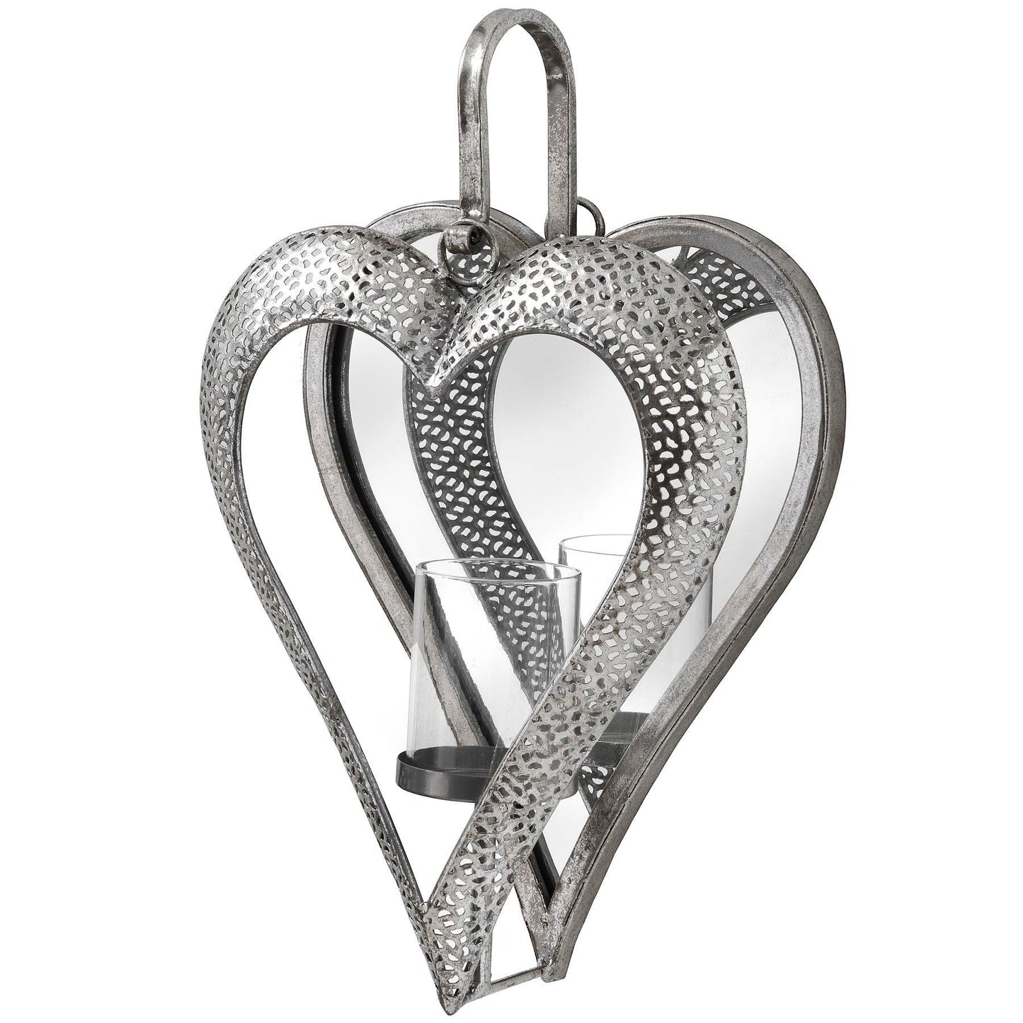 Antique Silver Heart Mirrored Tealight Holder in Small - Eudemonia Home Goods