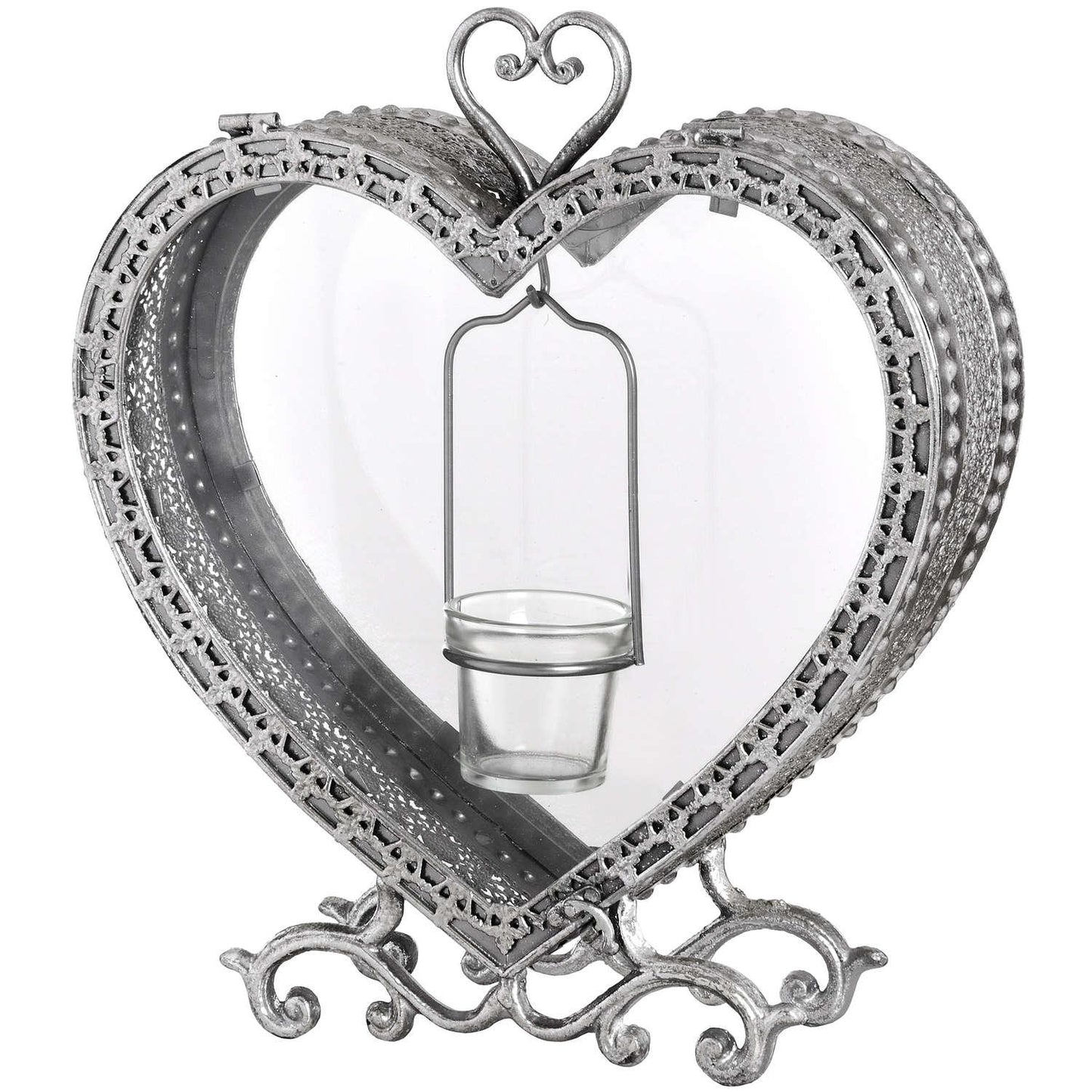 Free Standing Heart Tealight Lantern in Antique Silver - Eudemonia Home Goods