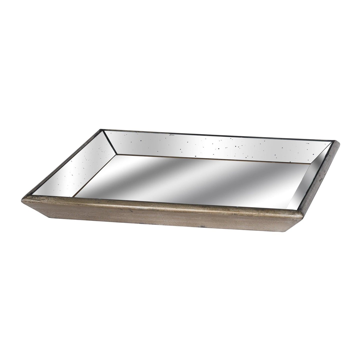 Astor Distressed Mirrored Square Tray W/Wooden Detailing Lge - Eudemonia Home Goods