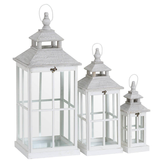 Set Of 3 White Window Style Lanterns With Open Top - Eudemonia Home Goods