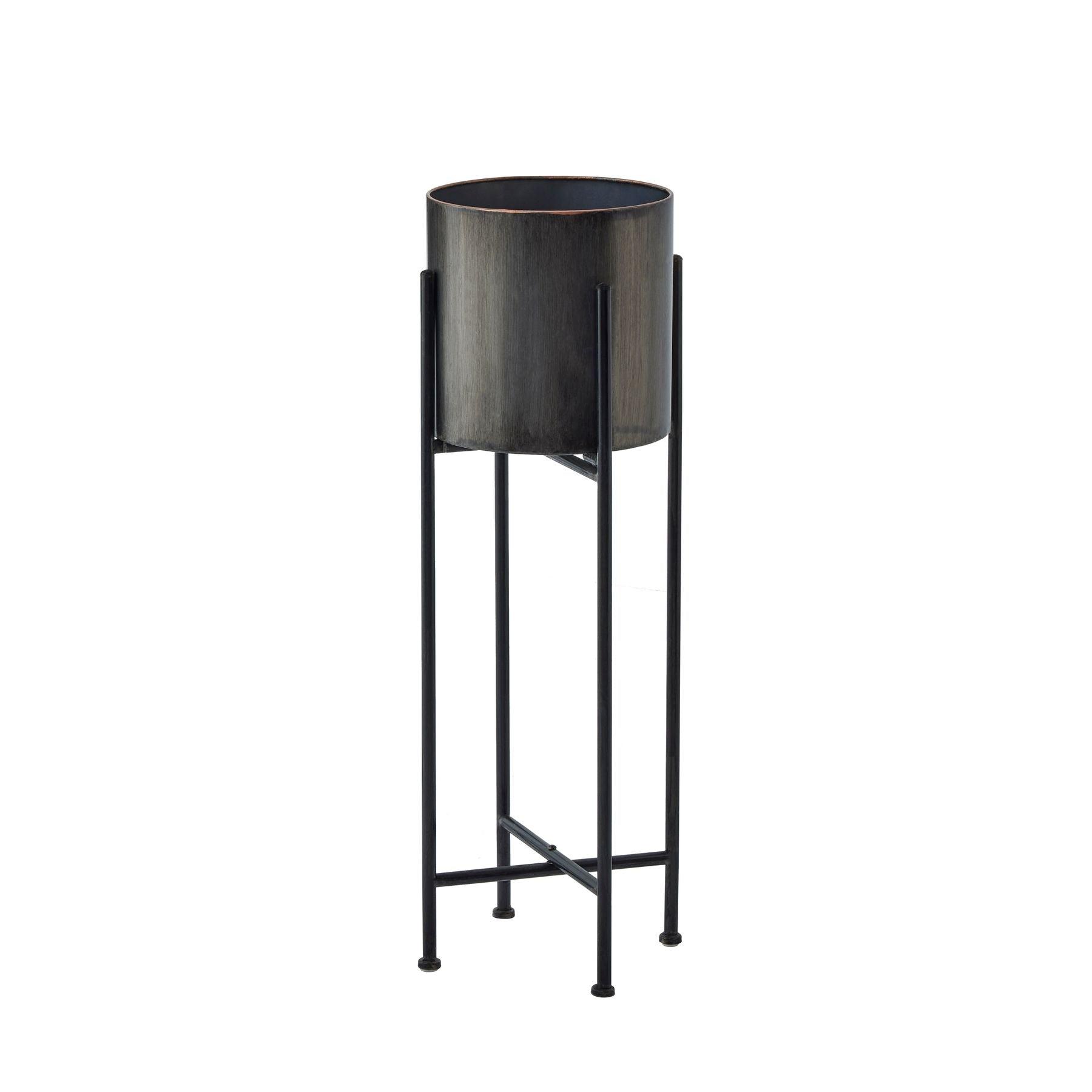 Gun Metal Grey Cylindrical Planter On Black Frame - Eudemonia Home Goods