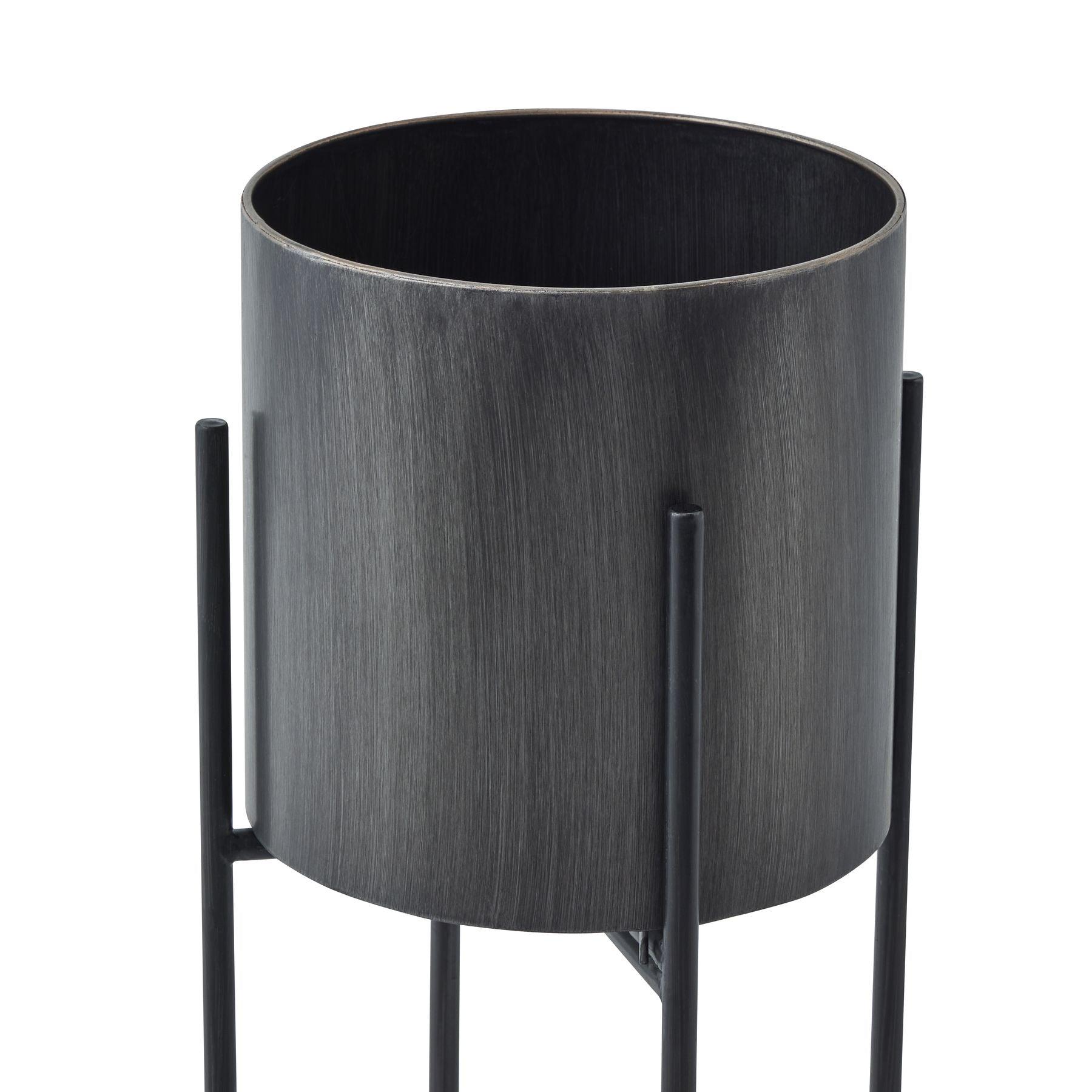 Large Gun Metal Grey Cylindrical Planter On Black Frame - Eudemonia Home Goods