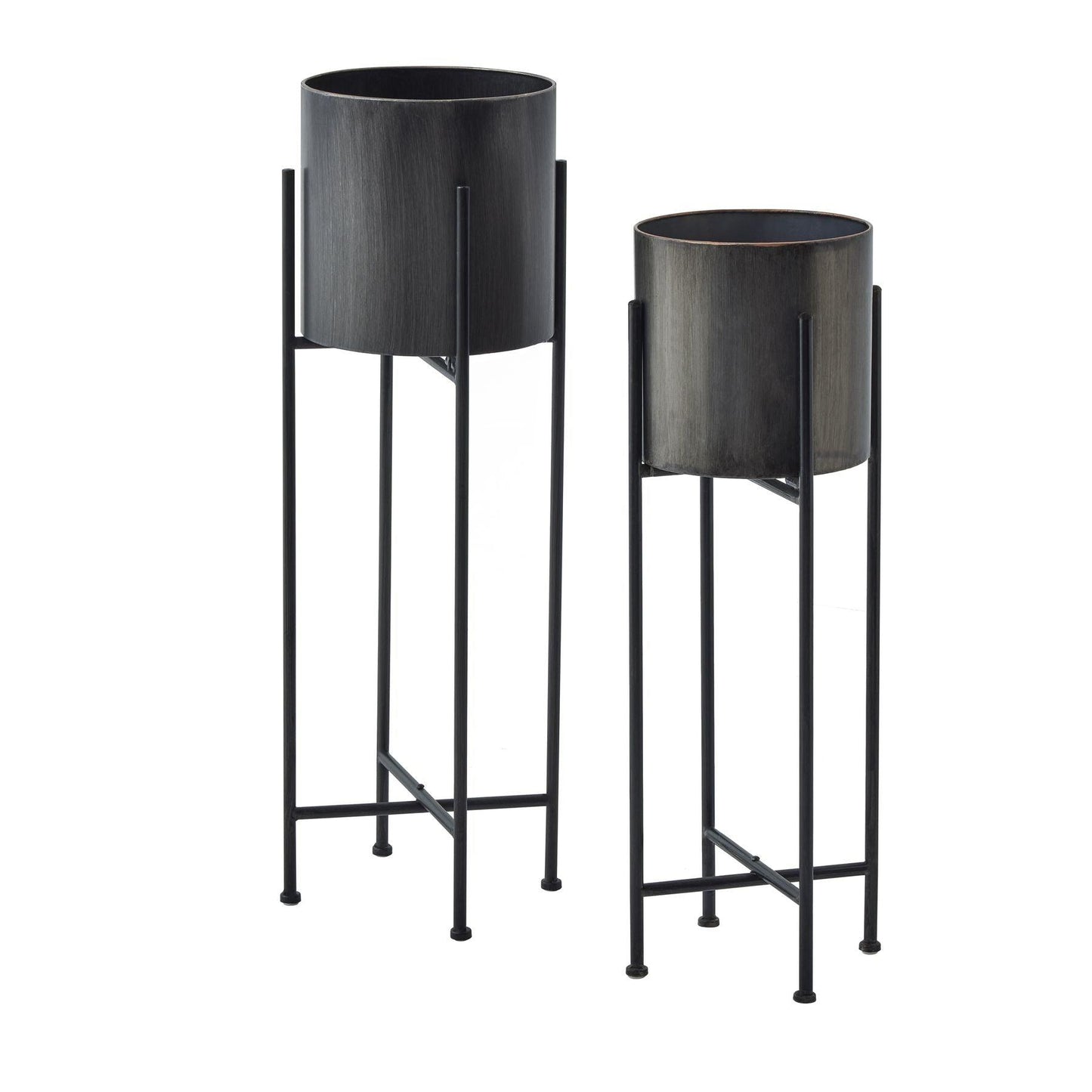 Large Gun Metal Grey Cylindrical Planter On Black Frame - Eudemonia Home Goods