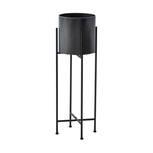 Large Gun Metal Grey Cylindrical Planter On Black Frame - Eudemonia Home Goods