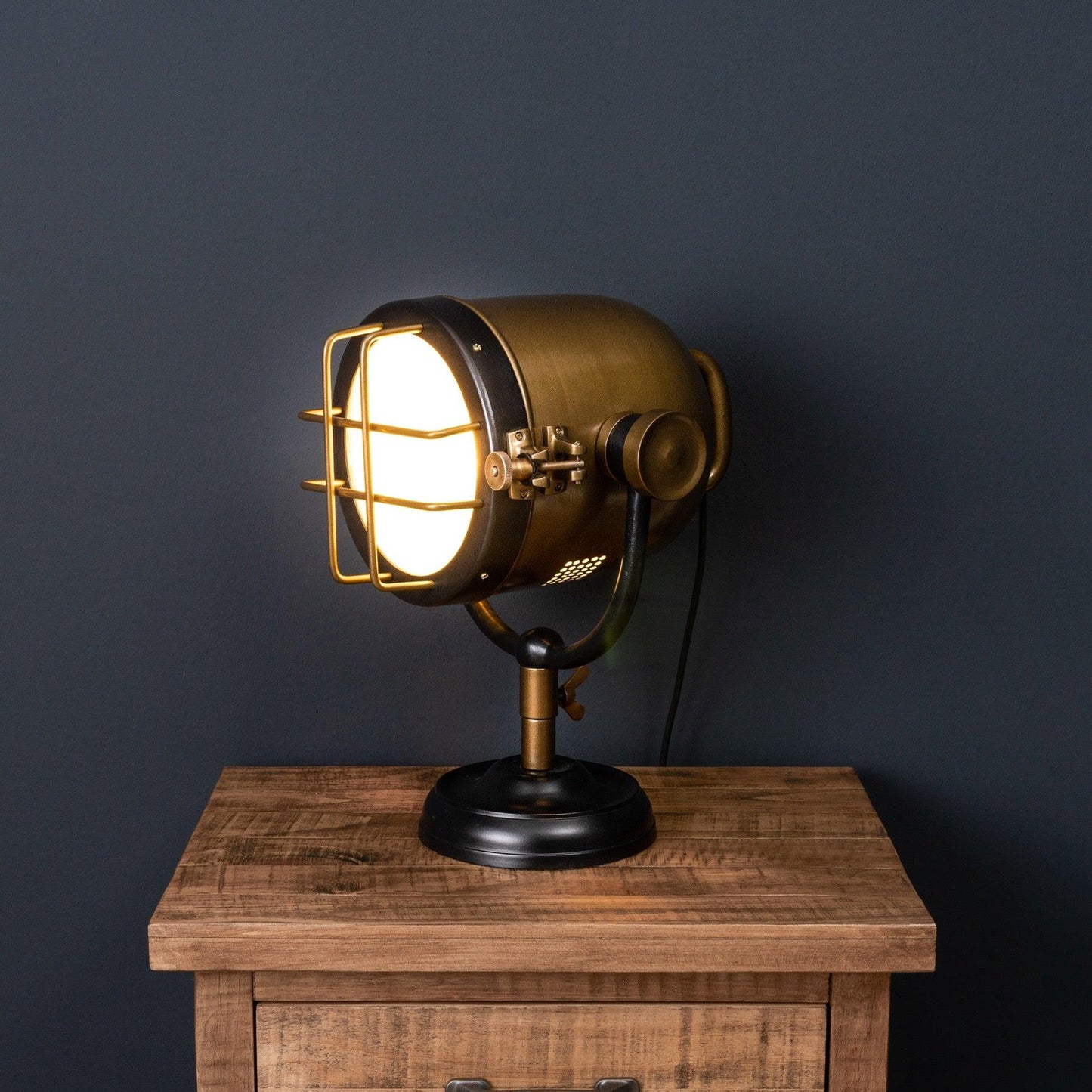 Brass And Black Industrial Spotlight Table Lamp - Eudemonia Home Goods