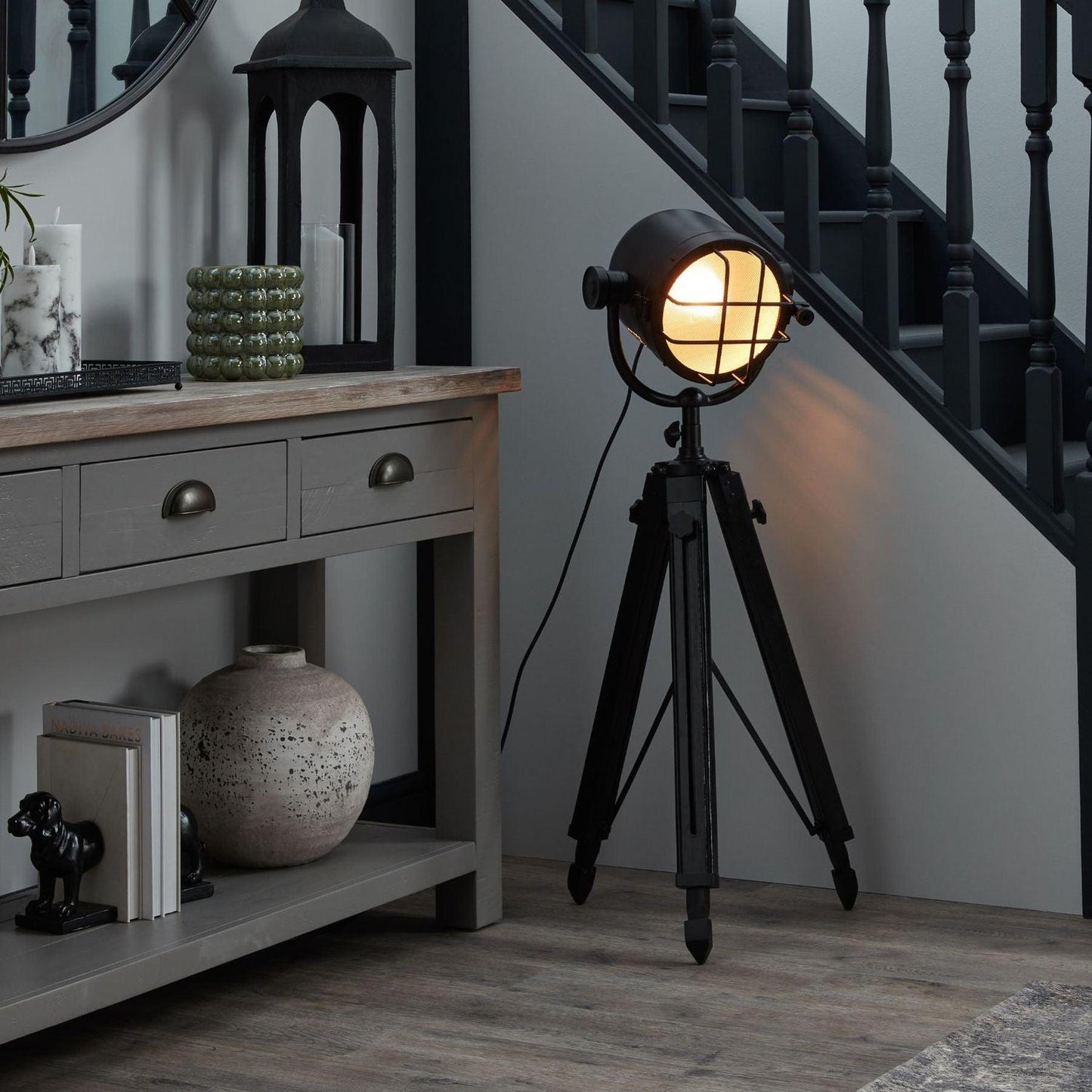 Black Industrial Spotlight Tripod Lamp - Eudemonia Home Goods