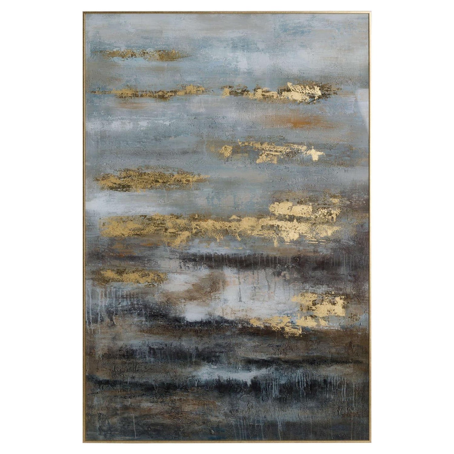Large AbstrACTIVE Grey And Gold Glass Image With Gold Frame - Eudemonia Home Goods