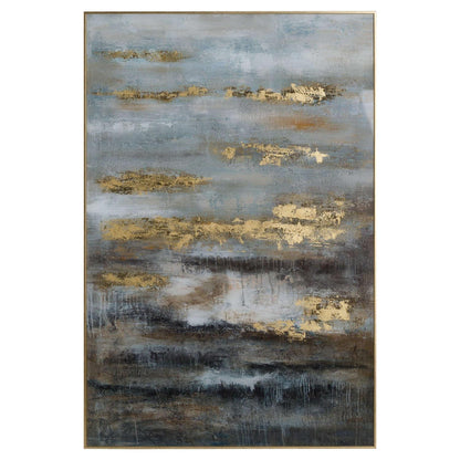 Large AbstrACTIVE Grey And Gold Glass Image With Gold Frame - Eudemonia Home Goods