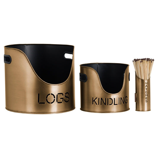 Bronze Finish Logs And Kindling Buckets & Matchstick Holder - Eudemonia Home Goods