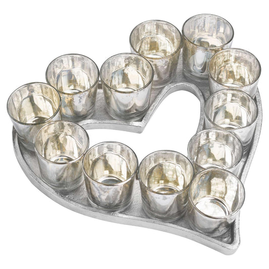 Cast Aluminium Heart Tray With Silver Glass Votives - Eudemonia Home Goods