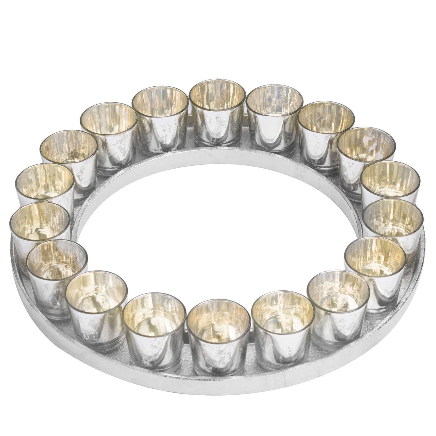Large Circular Cast Aluminium Tray With Silver Glass Votives - Eudemonia Home Goods