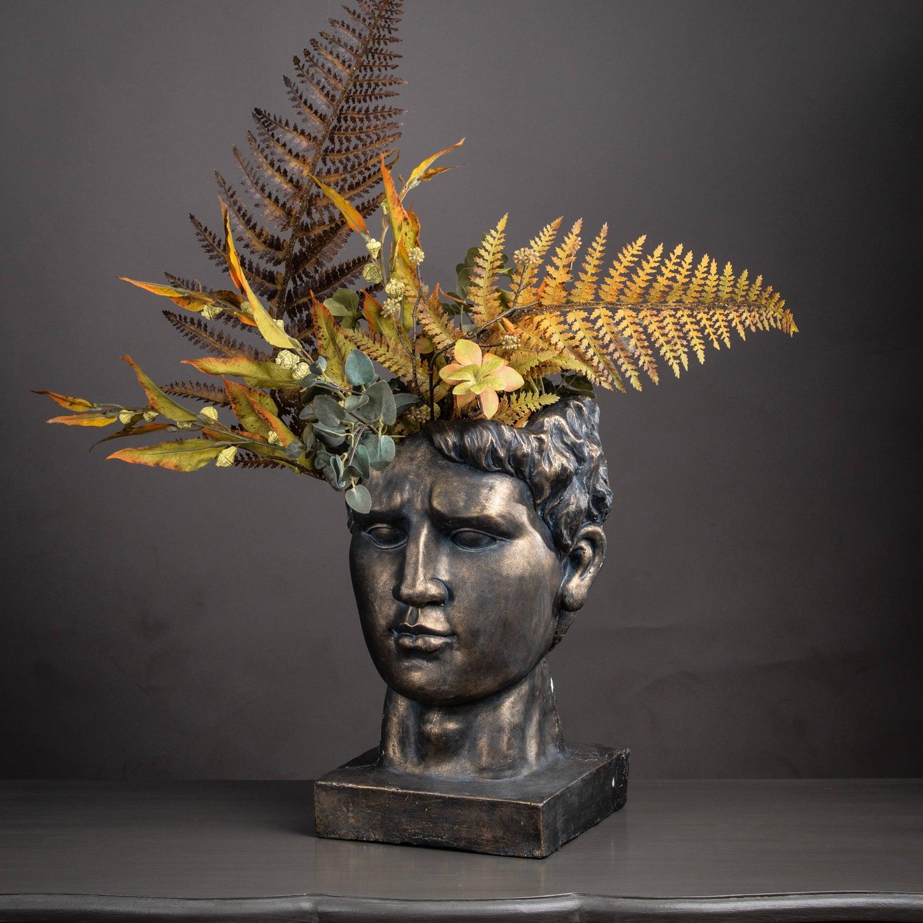 Antique Bronze Roman Head Planter Indoor Outdoor - Eudemonia Home Goods