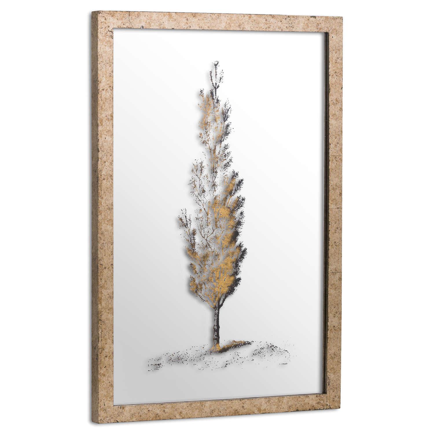 Antique Metallic Brass Mirrored Pine Wall Art - Eudemonia Home Goods