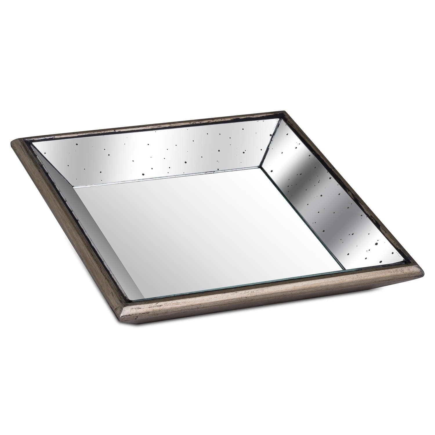 Astor Distressed Mirrored Square Tray W/Wooden Detailing Sml - Eudemonia Home Goods