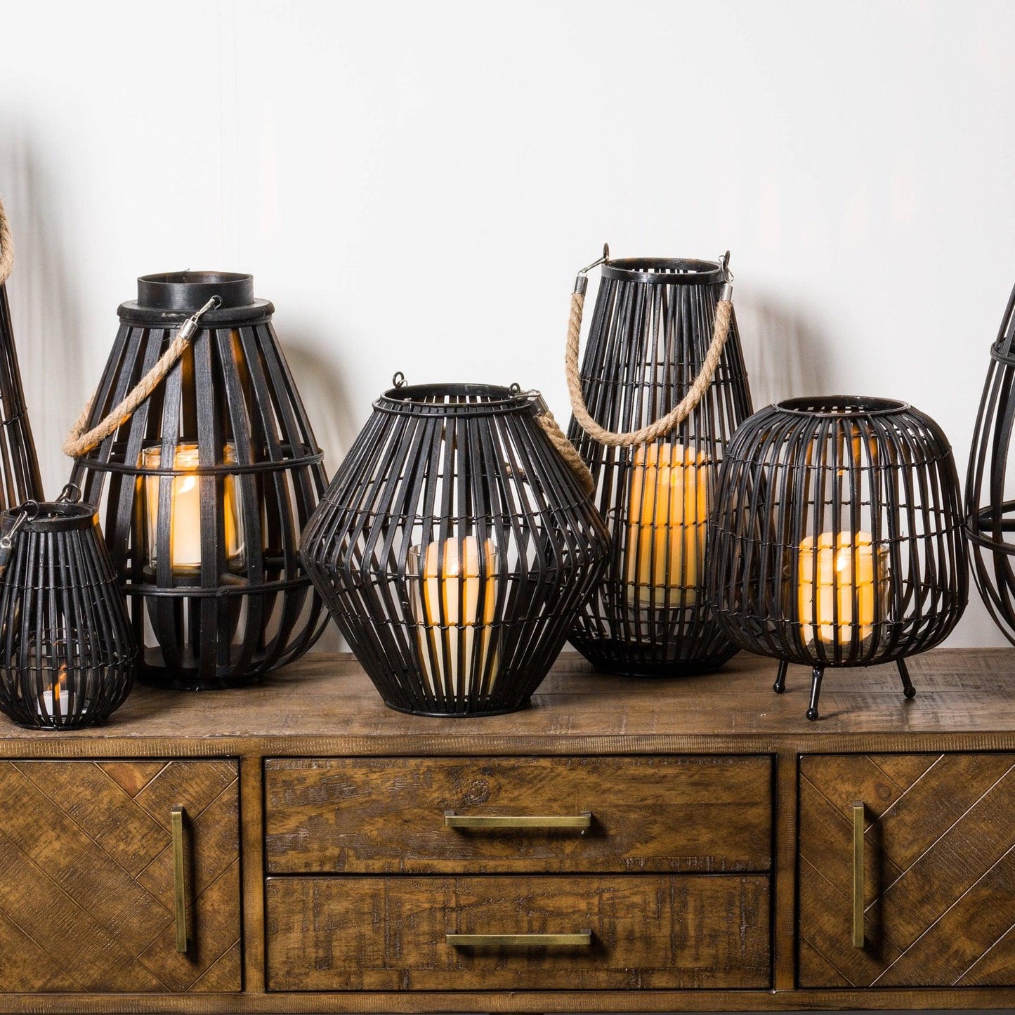 Black Rattan Large Convex Lantern - Eudemonia Home Goods