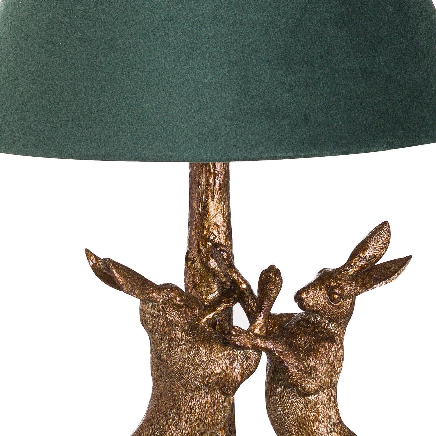 Antique Gold Marching Hares Lamp With Green Velvet Shade - Eudemonia Home Goods